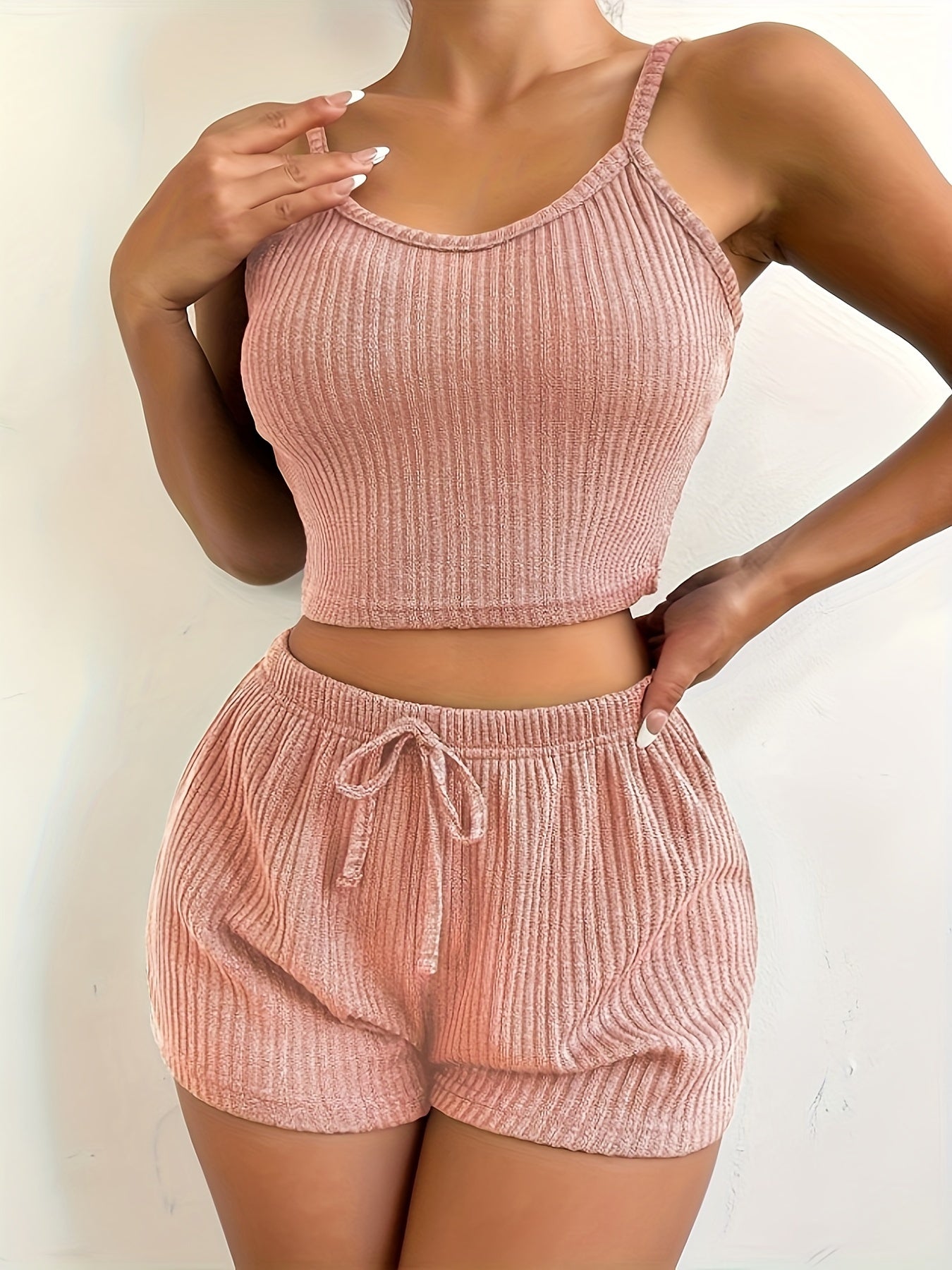 Solid Ribbed Slim Fit Lounge Set, Casual Round Neck Crop Cami Top & Drawstring Shorts, Women's Loungewear